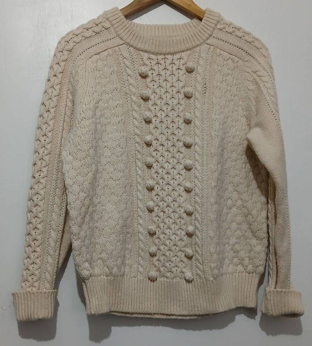 J.crew womens medium cable knit fisherman wool sweater cream timeless crewneck
